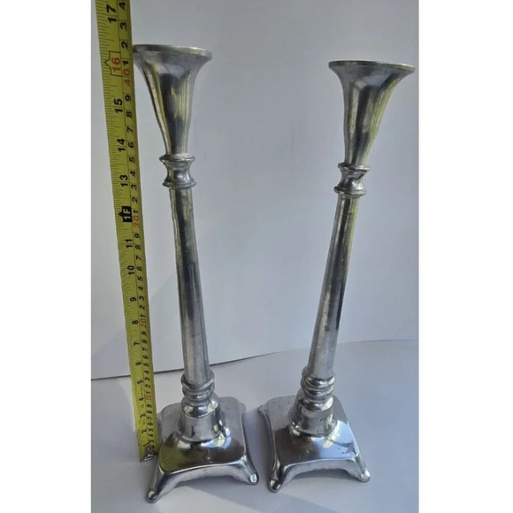 Pair of tall vintage metal candlestick holders 16.5" Silver - Picture 2 of 7